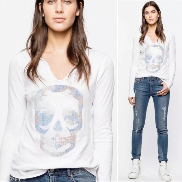 Zadig & Voltaire White Long Sleeve Embellished Skull Henley Sz S NWT - Picture 1 of 9
